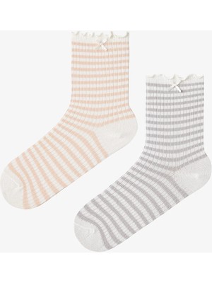 Penti 2 Çift Pamuklu Fiyonk Aksesuarlı Çizgili Fırfırlı Soket Çorap