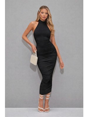 Rora Halter Yaka Drapeli Siyah Midi Elbise