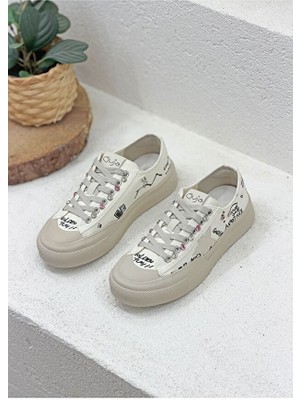 Guja 26Y312-1 Kadın Baskılı Jean Sneaker Spor Ayakkabı Bej