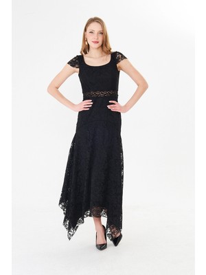 Rora Siyah Dantel Kadın Midi Elbise Asimetrik Etekli Şık Tasarım