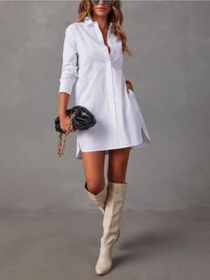 Rora Premium Likralı Beyaz Gömlek Elbise – Pamuk-Cepli, Iç Göstermez, Oversize Tasarım
