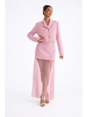 Rora Pudra Pembe Kruvaze Tüvit Ceket ve Tül Etekli Kadın Takım – Modern Davet & Özel Gün Kombini