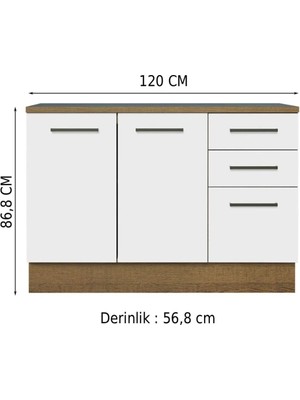 T Designo Yale Mutfak Alt Modül 3 Çekmeceli -2 KAPAKLI-120 cm -Tezgah Dahil