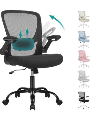 Leaf Shop Ofis Koltuğu, Masa Sandalyesi, File Kaplamalı Döner Sandalye, Ergonomik, Yastıklı Bel Desteği, Sallanma Fonksiyonu, 53 cm Koltuk, Katlanır Kolçaklar, Siyah OBN37BK
