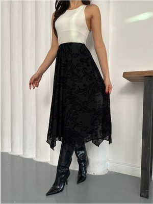 Rora Siyah Yüksek Bel Midi Etek – Akışkan Kumaş, Asimetrik Kesim, Günlük & Davet Şıklığı