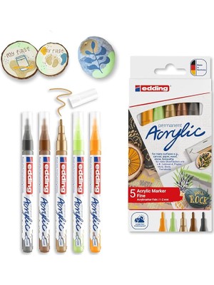 Leaf Shop 5300 Akrilik Markör 5'li Set, Doğa Renkleri, 5 Akrilik Boya Kalemi Seti, Ince Yuvarlak Uç 1-2 mm