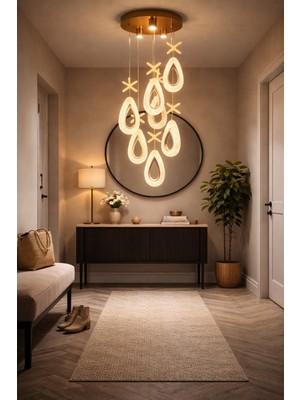 Bohem Aydınlatma Gold 7'li Damla Sarkıt 3 Renk LED Modern Avize (Beyaz Sarı Günışığı)