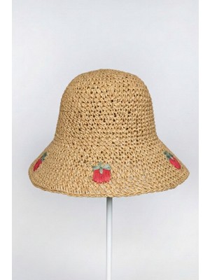 Mollycrush Kadın Camel Hasır Ip Çilek Nakışlı Bucket | Yazlık Plaj Tasarım Şapka