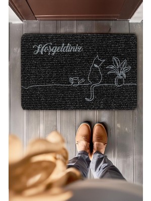 Cotto Home Hoşgeldiniz Kedi Desenli Çamur Toz ve Nem Alıcı Iç ve Dış Mekan Kapı Önü Paspası Uv Dayanıklı PS014A
