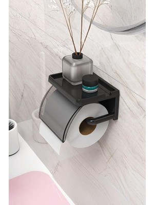 Leaf Shop Home Yapışkanlı Kapaklı Tuvalet Kağıdı Askısı Banyo Tuvalet Kağıtlığı Aparatı Peçetelik Organizer Plastik, Siyah