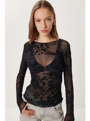 Rora Flok Baskılı Büzgülü Transparan Bluz