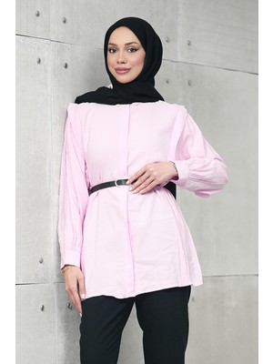 İmaj Butik Pembe Gizli Patlı Belden Kemerli Modal Dokuma Tunik Gömlek
