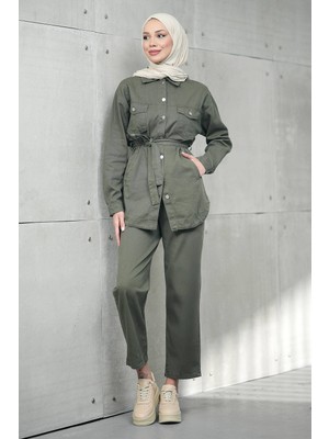 İmaj Butik Haki Bel Bağlamalı Cepli Ceket Pantolonlu Kot Takım