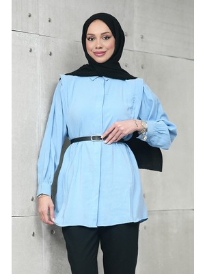 İmaj Butik Bebe Mavi Gizli Patlı Belden Kemerli Modal Dokuma Tunik Gömlek