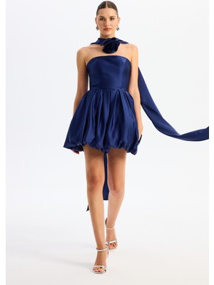 Carmen Lacivert Balon Etek Güllü Saten Abiye Elbise