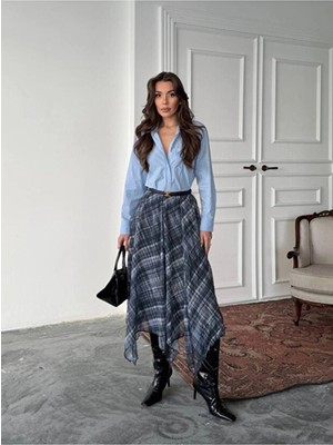 Rora Ekose Desenli Asimetrik Kesim Şifon Midi Etek