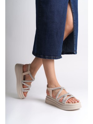 DMR Elegance Elena Lastikli Taşlı Şeritli Ortopedik Taban Kadın Sandalet  Ckt - Krem