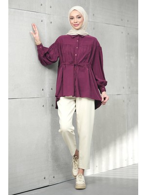 İmaj Butik Bordo Bel Bağlamalı Modal Salaş Gömlek