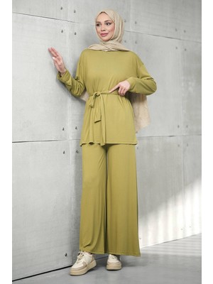 İmaj Butik Yağ Yeşili Bel Bağlamalı Tunik Pantolonlu Modal Takım