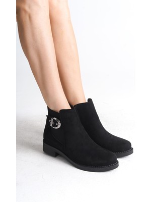DMR Elegance Luna Fermuarlı Lastikli Ortopedik Taban Topuklu Süet Kadın Bot  Sst - Siyah