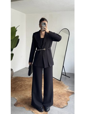 Asfa Moda Kadın Siyah Kemerli Blazer Ceket Bel Lastikli Palazzo Pantolon Ikili Takım