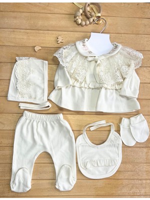 Çayzen Dantel Yaka Organik Pamuklu 5li Kız Hastane Çıkışı Zıbın Set