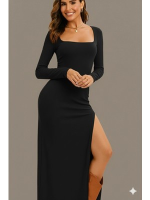 Rora Kare Yaka Uzun Kollu Yırtmaçlı Elbise – Esnek Kumaş, Vücuda Oturan Şık Abiye Günlük Elbise