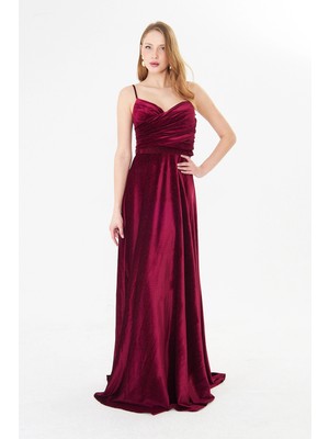 Rora Askılı Drapeli Uzun Abiye Elbise – Şık Gece Davet Düğün Elbisesi