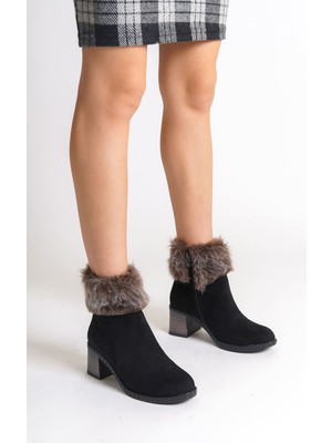 DMR Elegance Julıa Fermuarlı Ortopedik Taban Tüylü Topuklu Süet Kadın Bot  Sst - Siyah