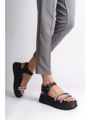 DMR Elegance Zlohe Kalın Tokalı Taşlı Şeritli Ortopedik Taban Kadın Sandalet  Cst - Siyah