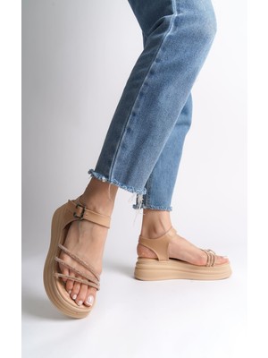 DMR Elegance Eva Kalın Tokalı Taşlı Şeritli Ortopedik Taban Kadın Sandalet  Ctt - Ten