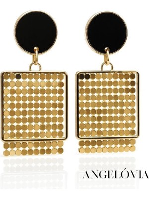 Siyah Detaylı Kare Çelik Küpe