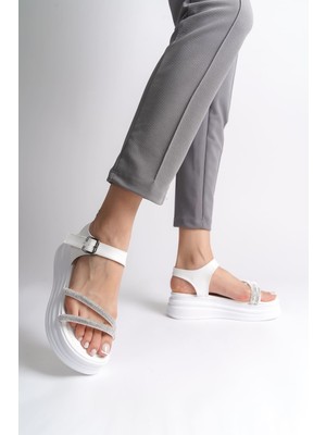 DMR Elegance Zlohe Kalın Tokalı Taşlı Şeritli Ortopedik Taban Kadın Sandalet Cbt - Beyaz