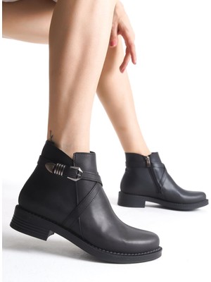 DMR Elegance Almıla Fermuarlı Lastikli Ortopedik Taban Topuklu Kadın Bot Cst - Siyah