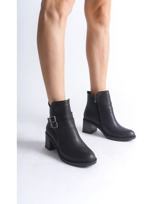 DMR Elegance Noemı Tokalı Fermuarlı Ortopedik Taban Topuklu Kadın Bot  Cst - Siyah