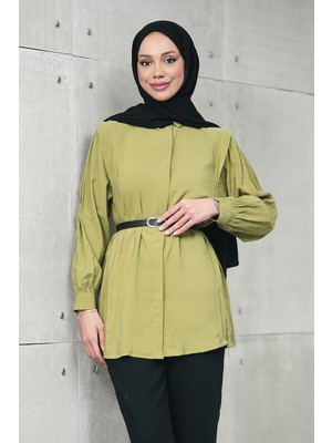 İmaj Butik Yağ Yeşili Gizli Patlı Belden Kemerli Modal Dokuma Tunik Gömlek