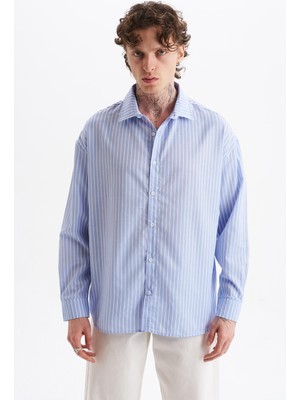 Danger Erkek %100 Pamuklu Çizgili Gömlek Buz Mavisi