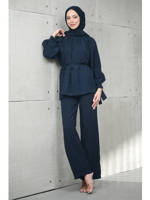 İmaj Butik Lacivert Bel Bağlamalı Tunik Pantolonlu Tensel Takım