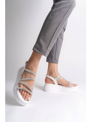 DMR Elegance Rıley Ince Tokalı Taşlı Şeritli Ortopedik Taban Kadın Sandalet Cbt - Beyaz