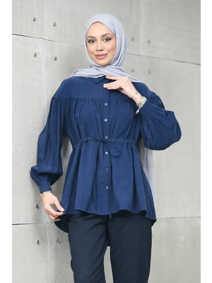 İmaj Butik Lacivert Bel Bağlamalı Modal Salaş Gömlek