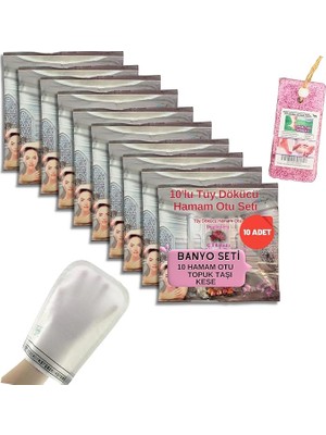 Leaf Shop 10 Paket Hamam Otu Toz Tüy Dökücü + Hamam Kesesi + Topuk Taşı Banyo Seti