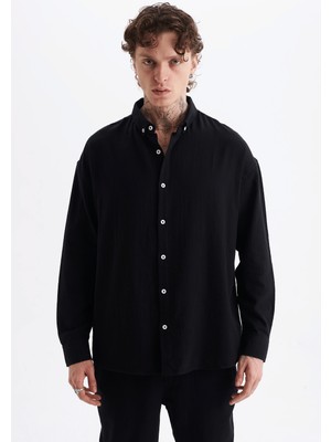 Danger Erkek %100 Pamuklu Keten Görünümlü Pantolon Gömlek Takım Siyah