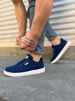 DMR Elegance JY0118 Rex Bağcıklı Keten Kumaş Erkek Günlük Sneaker Ayakkabı Kbt - Lacivert