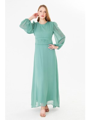 Rora Balon Kollu Pileli Şifon Maxi Elbise – Astarlı Zarif Tasarım