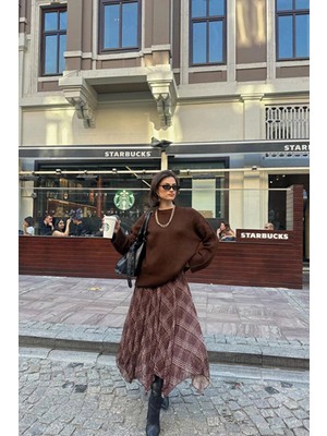 Rora Ekose Desenli Asimetrik Kesim Şifon Midi Etek