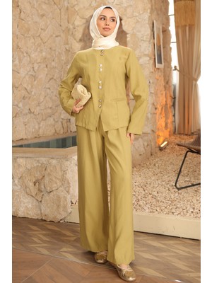 İmaj Butik Yağ Yeşili Düğmeli Ceket Pantolonlu Takım