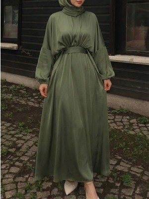 Miostil Bağlama Detaylı Ikili Saten Elbise-Haki