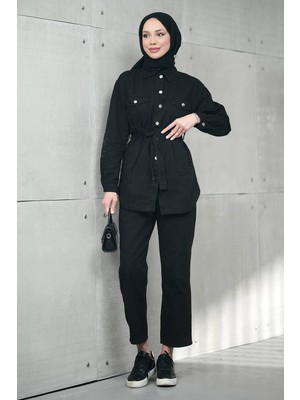 İmaj Butik Siyah Bel Bağlamalı Cepli Ceket Pantolonlu Kot Takım