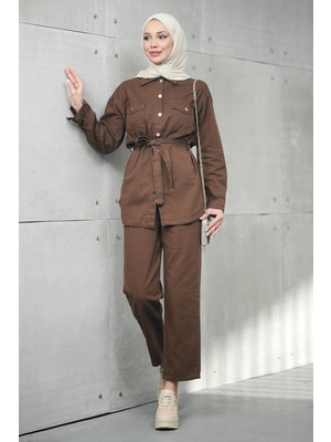 İmaj Butik Kahverengi Bel Bağlamalı Cepli Ceket Pantolonlu Kot Takım