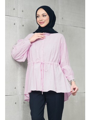İmaj Butik Pembe Bel Bağlamalı Modal Salaş Gömlek
